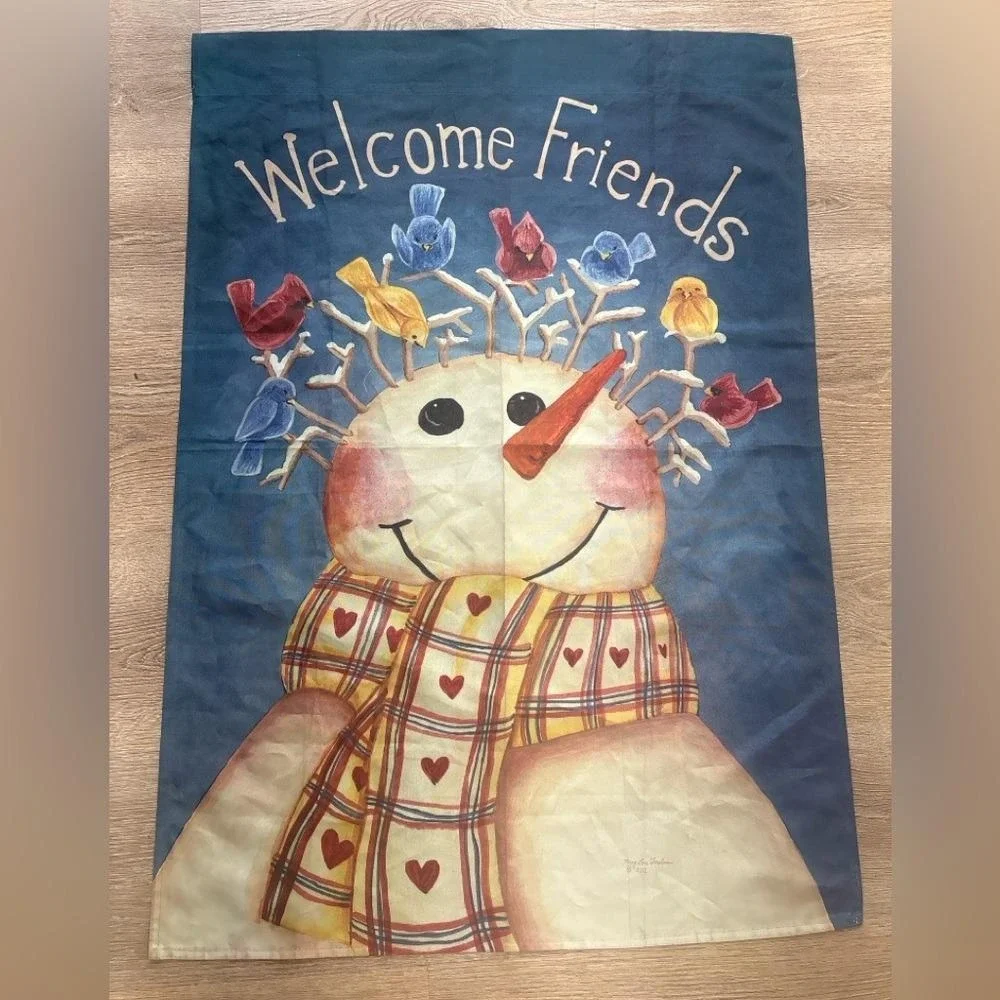 Custom Decor Mary Ann June Welcome Friends Oversized Snowman Flag 39x28‎
